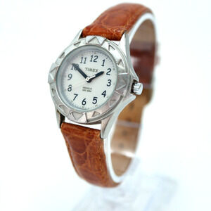 Timex Indiglo 30m Watch Silver Tone Dial Case Brown Leather Strap w New Battery